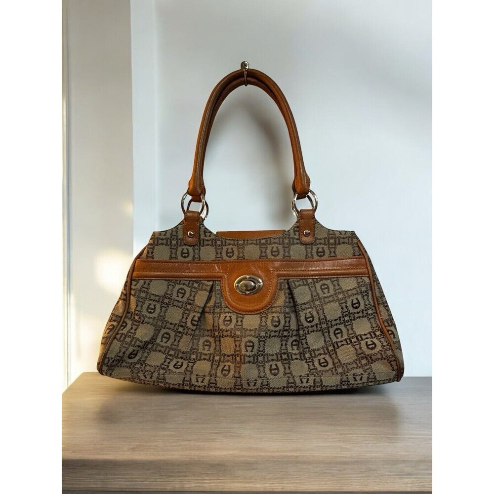 Eitenne Aigner Shoulder Purse Handbag Signature Fabric Leather Trim Gold Clasp